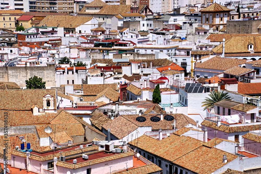 Roof of the old city, panoramic aerial view from the bell tower at the Mezquita - Catedral de Cordoba, Andalusia, Spain