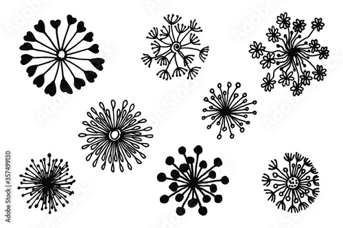 Hand-drawn dandelions in doodle style. Round dandelions on a white background. Vector illustration