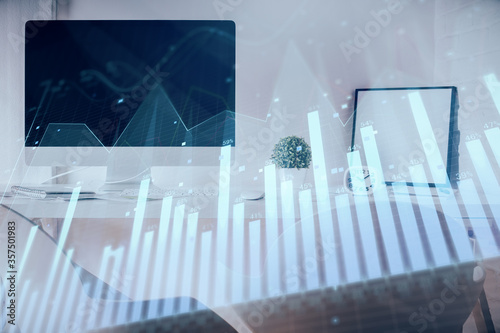 Multi exposure of stock market chart drawing and office interior background. Concept of financial analysis.