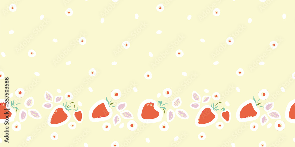Vector cute pastel strawberry summer border. Graphic modern kawaii cut out repeating design. Hand drawn berry fruit pattern with leaf and dot on cream colored background. Hand drawn pastel backdrop.
