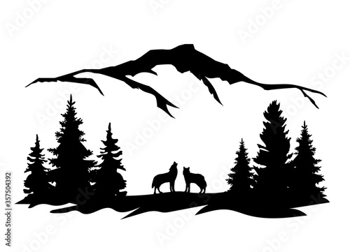 Vector wolves, mountains, forest