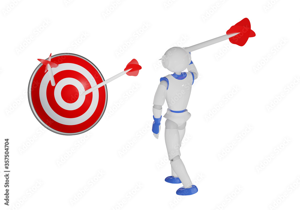 Humanoider Roboter wirft einen Pfeil auf eine Dartscheibe. 3d rendering