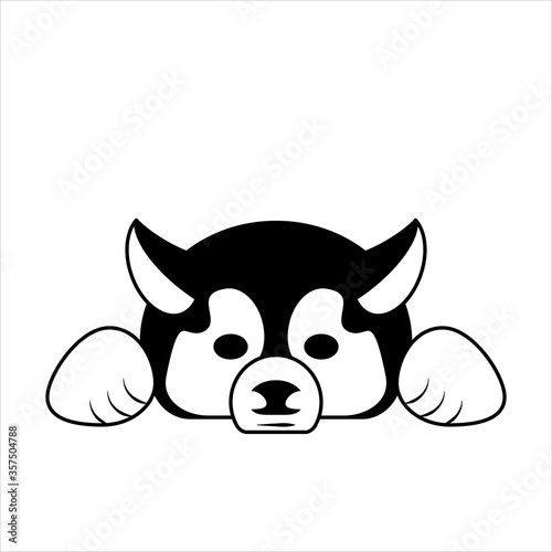 Logo of lying husky dog. Black and white, front view. Sleepy lazy dog relaxing