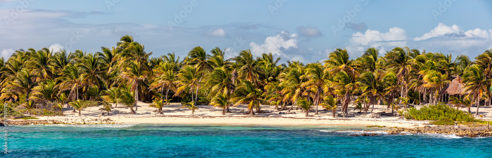 Beautiful panoramic view of a beach in Mexico. Turquoise waters and palm trees in the foreground and blue sky with clouds as a background. Beautiful panoramic view of a beach in Mexico. Turquoise waters and palm trees in the foreground and blue sky with clouds as a background.