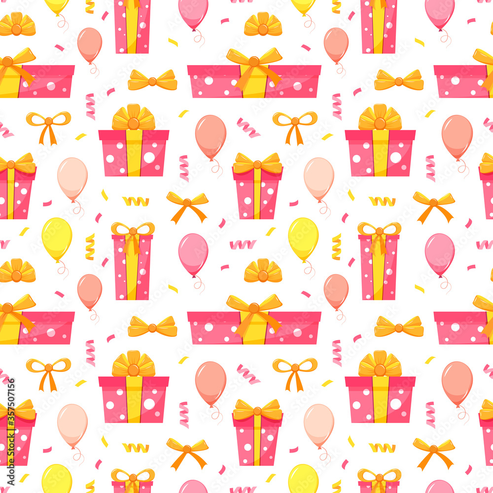 Happy birthday party seamless pattern with pink and yellow gift boxes, air balloons, confetti, bows, vector illustration Happy birthday party seamless pattern with pink and yellow gift boxes, air balloons, confetti, bows, vector illustration