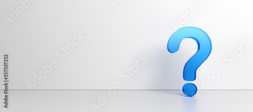 Blue question mark on white background with empty space on left side. 3D Rendering