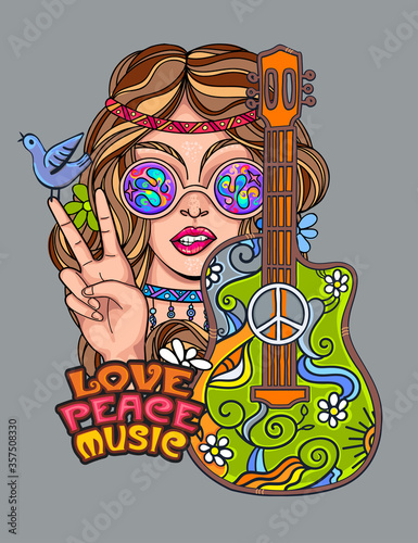 Sexy hippie girl with a guitar in glasses shows victory sign and peace and love. Vector colorful background in pop art retro comic style. Symbol pacificism freedom and love