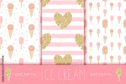 Set of seamless patterns with pastel pink and golden ice creams, hearts, dots. Vector.