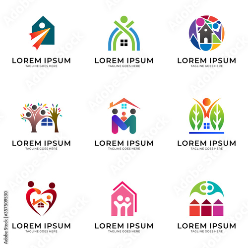 Family house, people in house, home care logo set