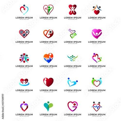 Set of human love and care logo design. Happy family, human relationship, childcare, kids foundation logo collection. Human in heart shape vector