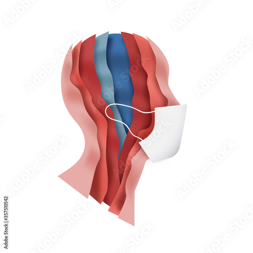 Realistic paper cut layered human head wearing face mask. Colorful papercut man silhouette on isolated background. Illustration topic - corona virus safety, medicine education or pollution concept. 