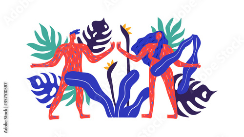 Man and woman couple with trendy tropical summer nature abstract impressionist art style. Love and relationship concept, wild male and female balance.