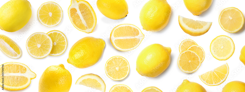 Set of delicious lemons on white background, top view. Banner design Set of delicious lemons on white background, top view. Banner design