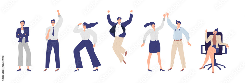Business people set on isolated white background, happy men and women office worker character collection in social scenes and inspired poses for successful work or career aspiration concept.