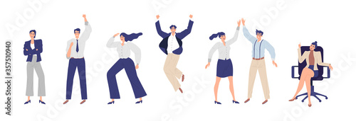 Business people set on isolated white background, happy men and women office worker character collection in social scenes and inspired poses for successful work or career aspiration concept.