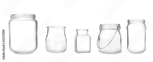 Set with open empty glass jars on white background. Banner design
