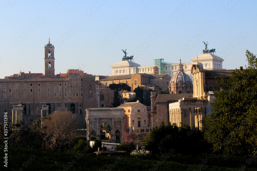 The Roman Forum or Foro Romano, Rome, Italy. Ruins of ancient building with columns.