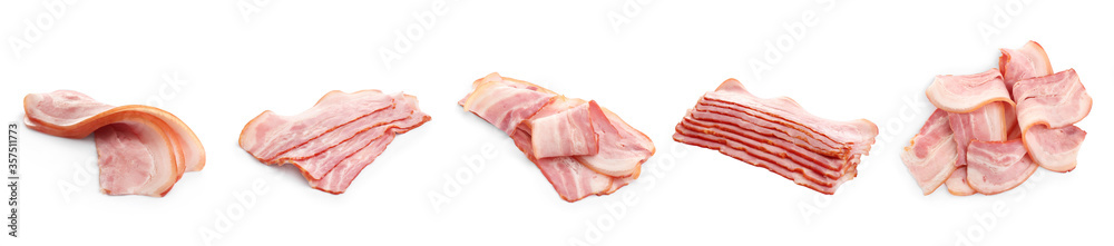 Set with bacon slices on white background. Banner design
