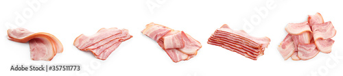 Set with bacon slices on white background. Banner design