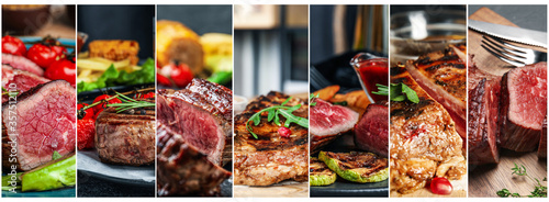 Collage with different photos of delicious grilled meat. Banner design