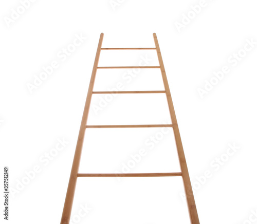 Modern wooden ladder isolated on white  low angle view
