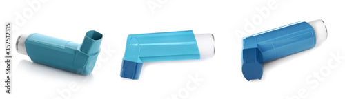 Set with portable asthma inhalers on white background. Banner design