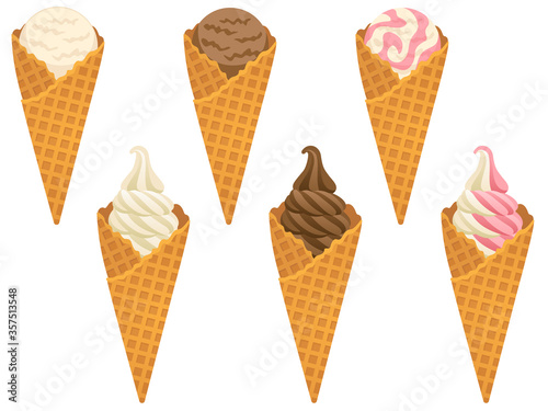 ワッフルコーンのアイスとソフトクリームのイラストセット（バニラ、チョコレート、ストロベリーミックス）