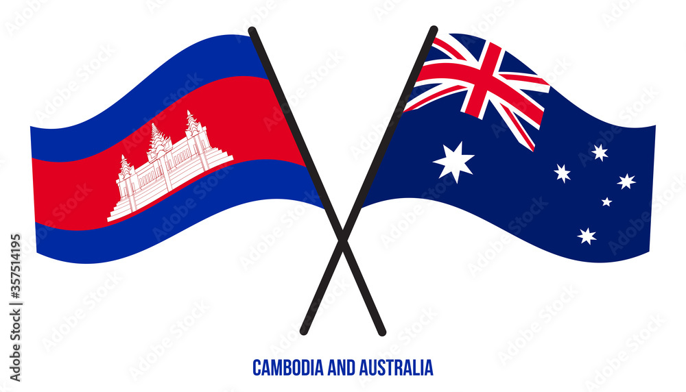 Cambodia and Australia Flags Crossed And Waving Flat Style. Official Proportion. Correct Colors.