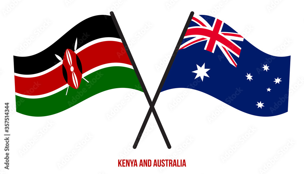 Kenya and Australia Flags Crossed And Waving Flat Style. Official Proportion. Correct Colors.