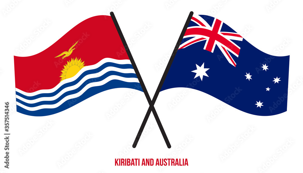 Kiribati and Australia Flags Crossed And Waving Flat Style. Official Proportion. Correct Colors.
