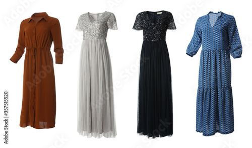 Photographie Set of different stylish dresses on white background