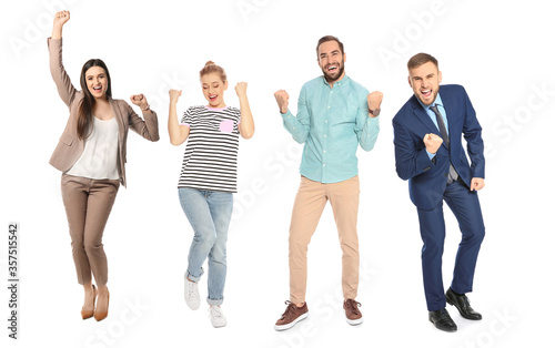 Collage with photos of happy people celebrating victory on white background
