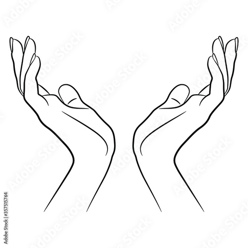 Two beautiful raised up female hands in elegant gesture. Black and white linear silhouette.