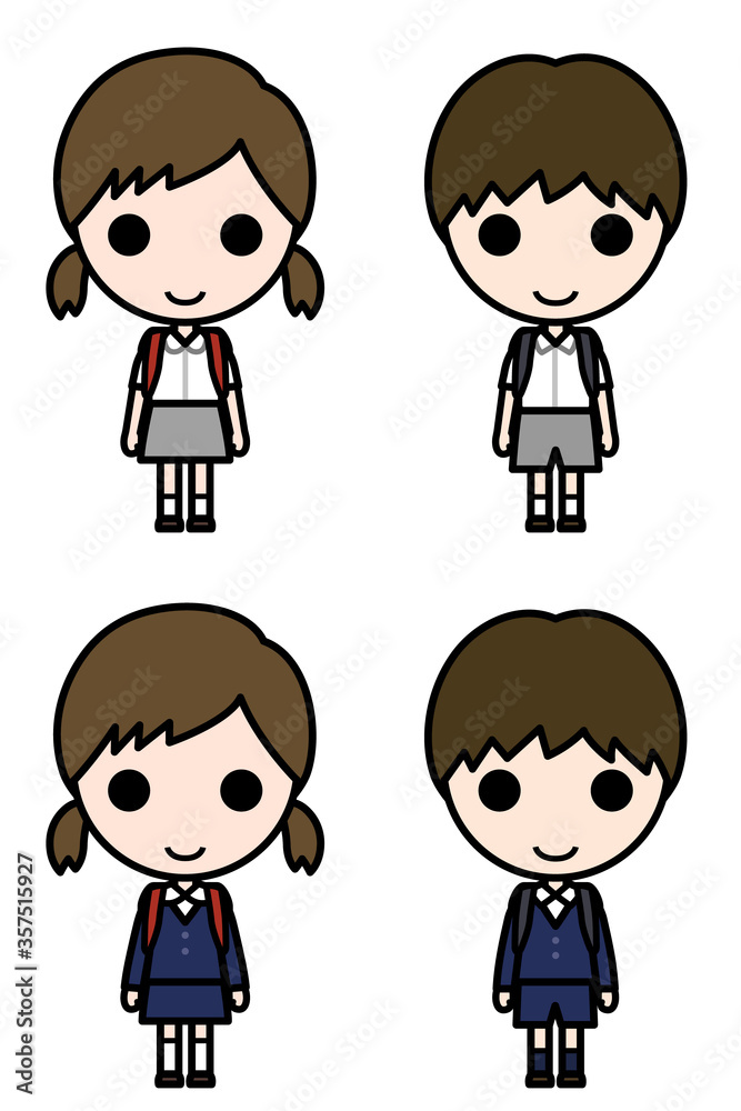 Icon-style character - Elementary school students in uniforms Icon-style character - Elementary school students in uniforms