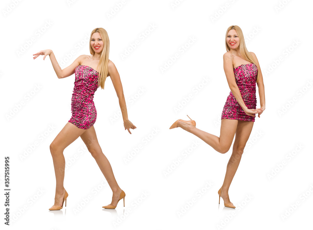 Young woman in strapless dress isolated on white