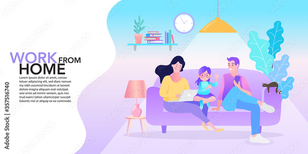 happy family on sofa. working from home, Remote work,  Flat vector illustration