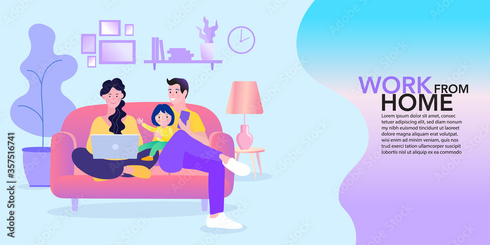 working from home, teaching and learning online, Remote work, performance of tasks sent by email or social media, Flat vector illustration