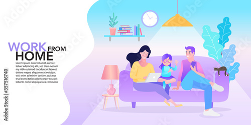 happy family on sofa. working from home  Remote work   Flat vector illustration
