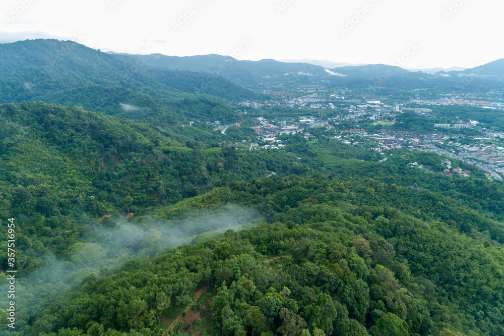 Aerial view of Kathu district Phuket Thailand from Drone camera High angle view.