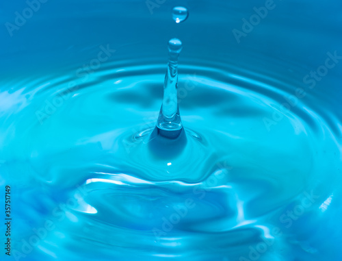 Close up of a drop of water in blue water