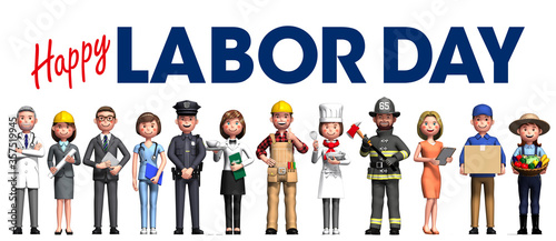 Side-by-side workers celebrating Labor Day, created with 3d rendering. White background
