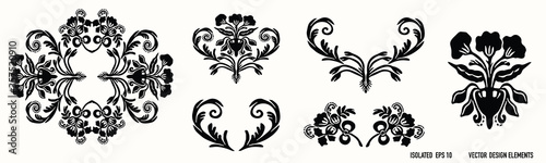 
Boho floral scroll design element clipart. Isolated decorative hand drawn flower heart flourish icon. Monochrome black and white tattoo style line art. Collection Set