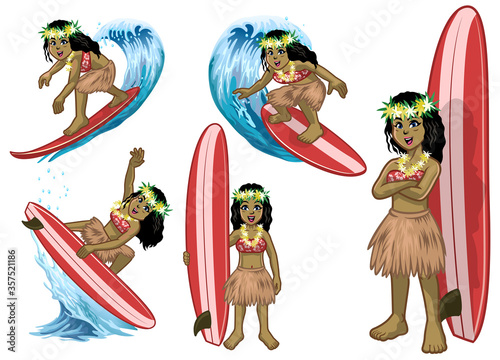 set of cartoon beautiful hawaiian surfer girl