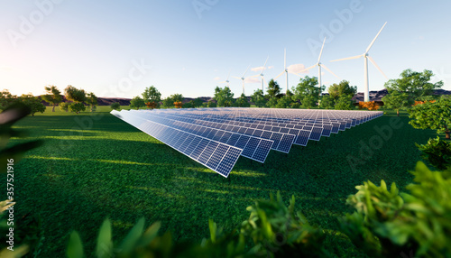 Solar farm or solar power plant consist of solar cell or photovoltaic cell in panel. That is sun business to generate electrical power or direct current electricity by light or sunlight. 3d render. photo