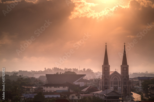 sunrise over the cathedral of Chanthaburi province east of Thailand 