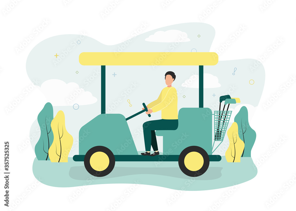 Golf illustration. A man rides in a golf car with clubs on the field, against a background of trees. A man sits in a golf cart with a set of clubs on a golf course, against a background of plants