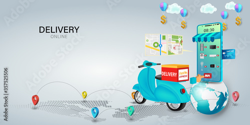 Fast delivery by scooter on mobile. E-commerce online concept. Online food order infographic. Webpage, app design. vector illustration.