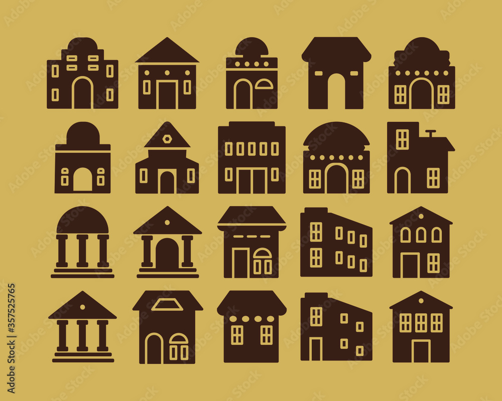Icon building and home with brown background