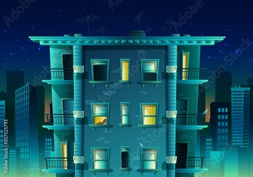 Vector cartoon style night city on blue light. Building with many floors and windows with balconies.