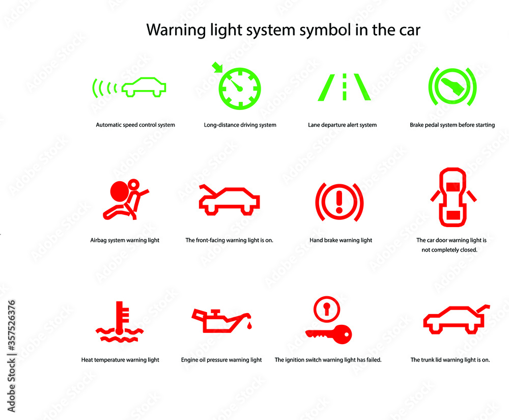 Symbol for warning lights in the car, white background, green and red lights for safety, ease of